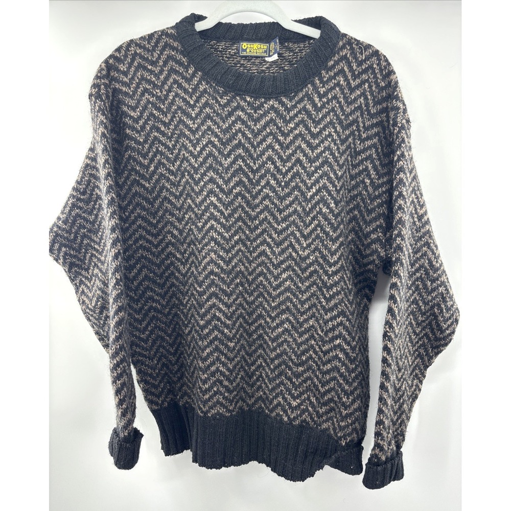 Oshkosh Wool Knit Sweater Men's Large USA Made‎ Ski Preppy Vintage 80s Black